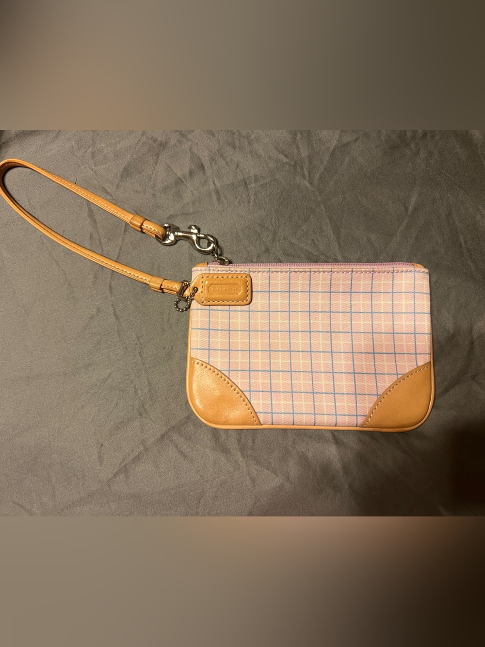 Coach Pink Plaid Wristlet with Tan Leather Trim